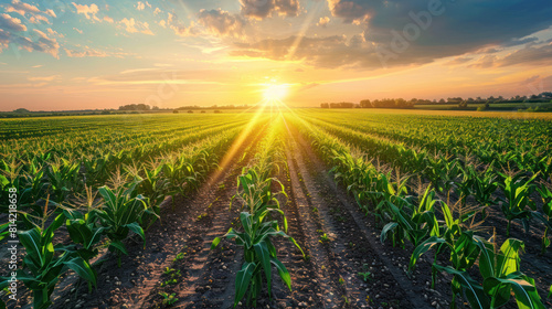 Sunset corn field. Beautiful summer landscape with sun and clouds. Morning sunrise horizon  cultivated land. Awe scene rural farmland glowing sky.
