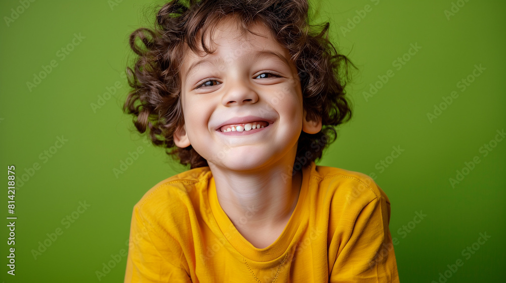 Cheerful Young Boy Smiling Against Green Background Cheerful Young Boy Smiling Against Green Background