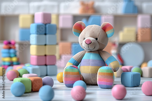 A collection of colorful toys arranged neatly on a pristine white background, offering a diverse range of playtime possibilities and childhood nostalgia