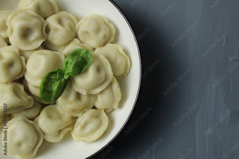 Cooked boiled dumplings in a bowl of basil greens top view close-up on a gray background with space for text copyspace Cooked boiled dumplings in a bowl of basil greens top view close-up on a gray background with space for text copyspace