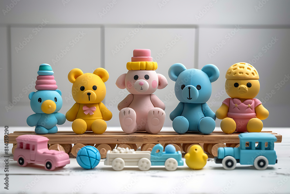 Obraz premium A collection of colorful toys arranged neatly on a pristine white background, offering a diverse range of playtime possibilities and childhood nostalgia