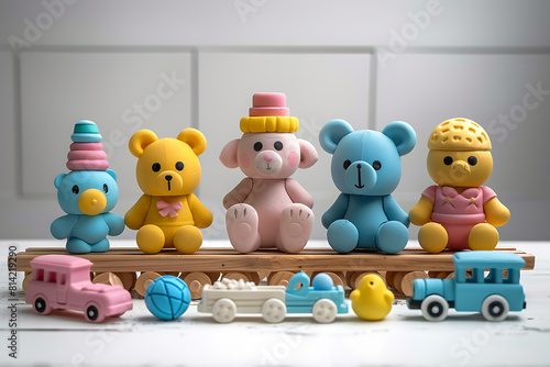 A collection of colorful toys arranged neatly on a pristine white background, offering a diverse range of playtime possibilities and childhood nostalgia © Evhen Pylypchuk