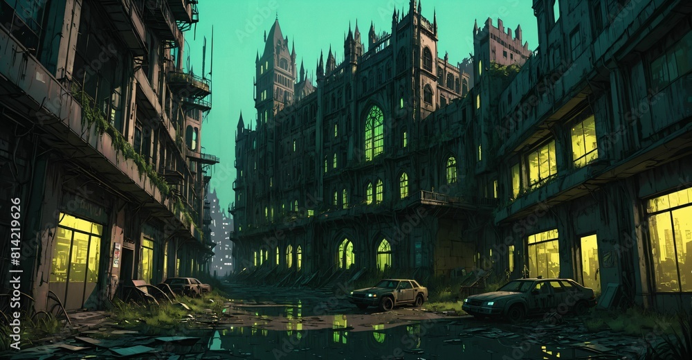 Fototapeta premium Gothic cyberpunk city buildings exterior. Baroque goth sci-fi castle palace. Abandoned futuristic dystopia reclaimed ancient ruins with colored stain glass.