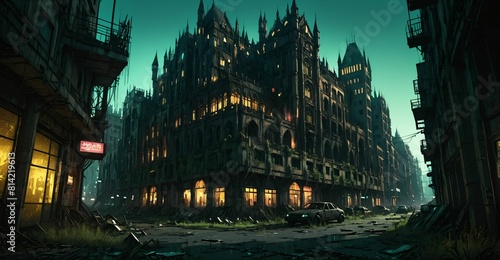 Gothic cyberpunk city buildings exterior. Baroque goth sci-fi castle palace. Abandoned futuristic dystopia reclaimed ancient ruins with colored stain glass.  © Shane Sparrow