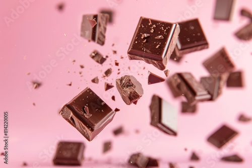 falling chocolate pieces on pink gradient background