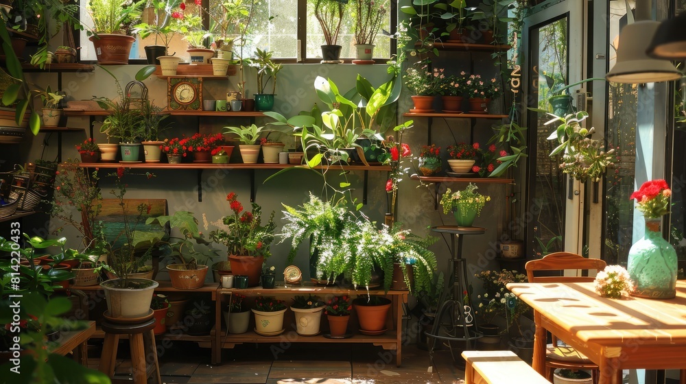 cozy corner of a flower store displaying potted plants and decorative vases. cozy corner of a flower store displaying potted plants and decorative vases.