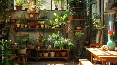 cozy corner of a flower store displaying potted plants and decorative vases.