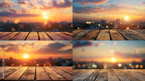 Empty wood table over blurred sunset sky with bokeh background, product display template,deck,