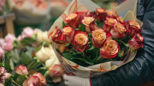 florist carefully wrapping a bouquet of roses in decorative paper for a customer.