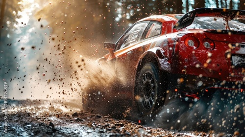 A red car is driving through a muddy, wet road. The car is covered in mud and dirt, and the road is covered in mud and debris photo