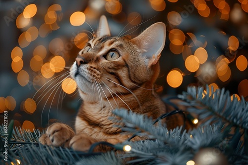 Cat amidst Christmas decor, warm festive lights. Creative holiday © krish