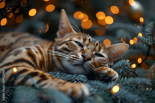 Cat amidst Christmas decor, warm festive lights. Creative holiday © krish
