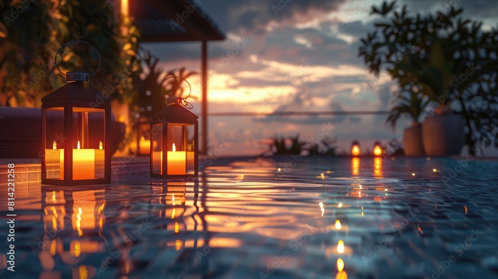 Fototapeta premium romantic evening by the pool, with candles and lanterns casting a warm glow on the water.