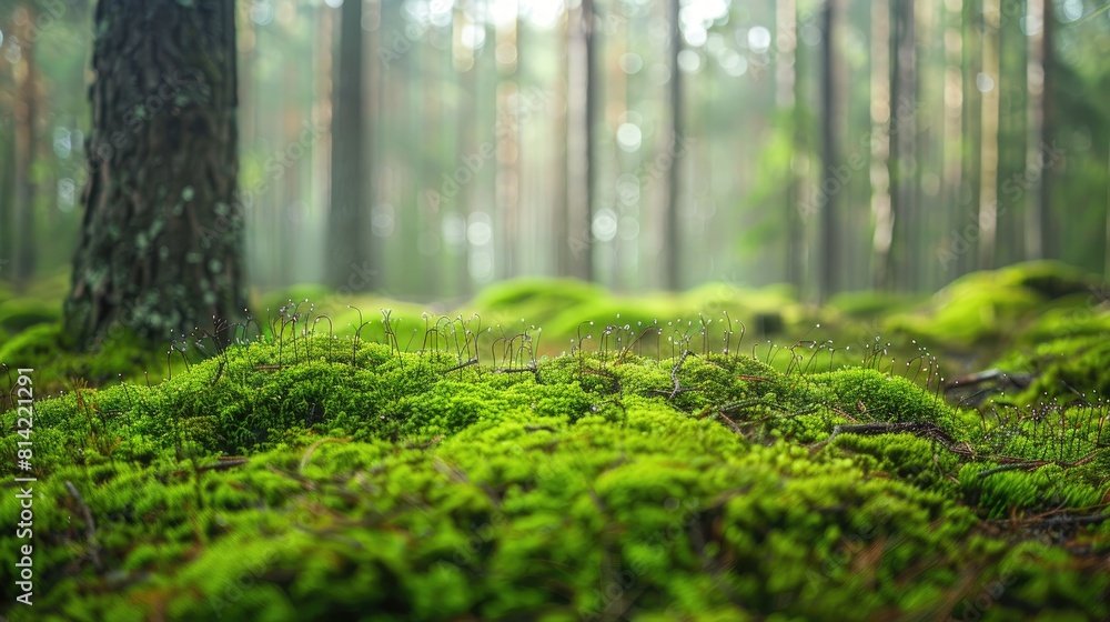 A forest with a tree in the foreground and a large mossy area in the background. The mossy area is green and has a peaceful, serene atmosphere A forest with a tree in the foreground and a large mossy area in the background. The mossy area is green and has a peaceful, serene atmosphere