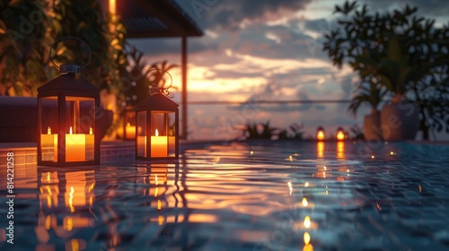 romantic evening by the pool  with candles and lanterns casting a warm glow on the water.