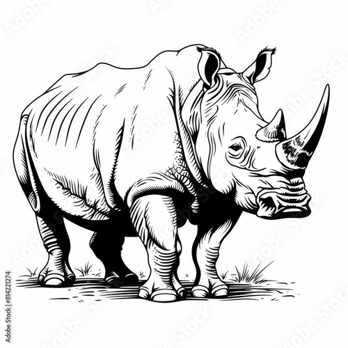 Black and white line art illustration of a rhinoceros standing, showing detailed body contours. photo