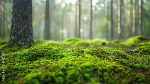 A forest with a tree in the foreground and a large mossy area in the background. The mossy area is green and has a peaceful, serene atmosphere