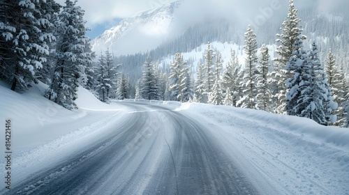 snow-covered road winding through a winter wonderland, with pine trees lining .