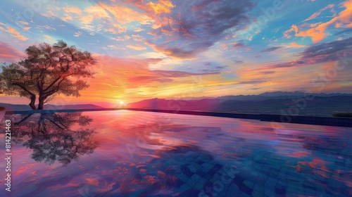sparkling pool reflecting the vibrant hues of a sunset sky  a scene of serene beauty.