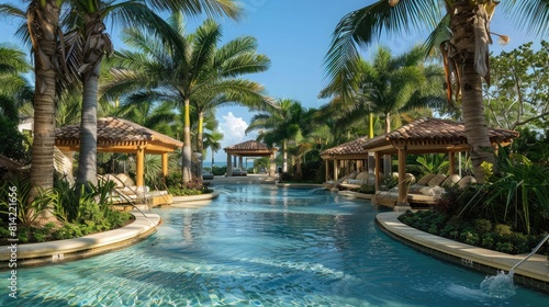tropical pool oasis with palm trees and cabanas, the perfect getaway for relaxation. © buraratn