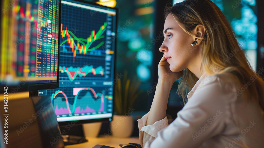 Business women working with stock market will late, working from home. Business women working with stock market will late, working from home.