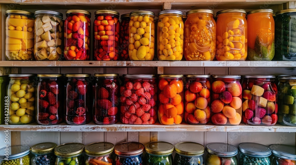 A colorful array of canned fruits neatly arranged on a pantry shelf, adding a pop of vibrancy to the kitchen. A colorful array of canned fruits neatly arranged on a pantry shelf, adding a pop of vibrancy to the kitchen.