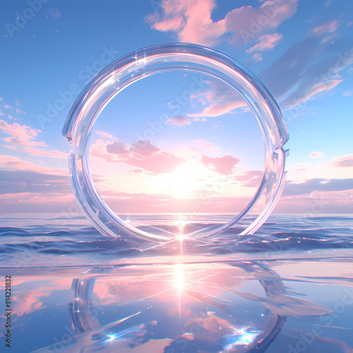 Stunning 3D Rendered Image of a Minimalistic Travelling Ring on the Water at Sunrise