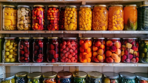 A colorful array of canned fruits neatly arranged on a pantry shelf, adding a pop of vibrancy to the kitchen.