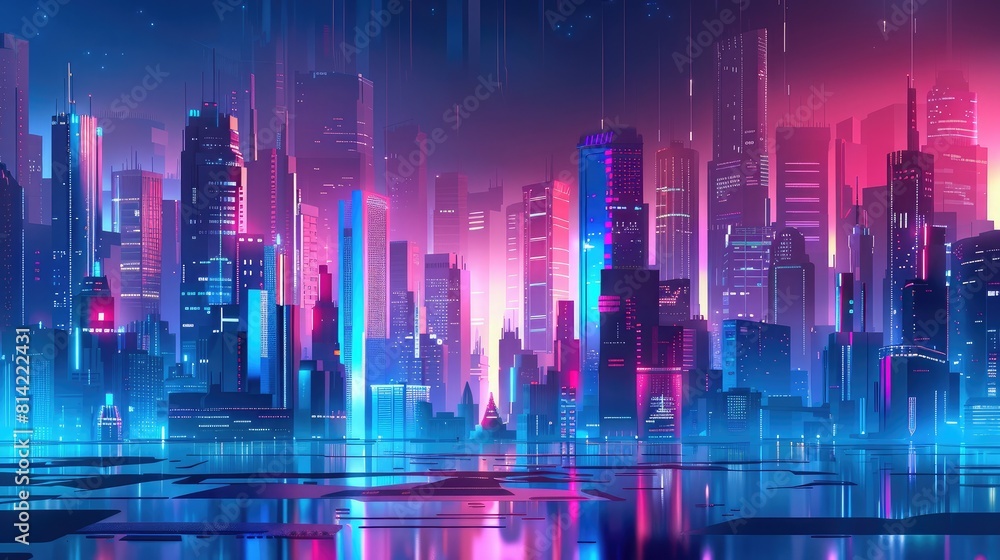 Obraz premium Futuristic cityscape backdrop, ideal for tech companies and innovation-driven ad campaigns.