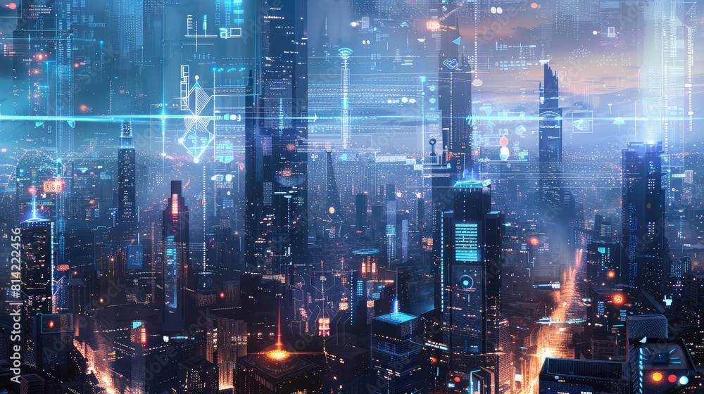 Futuristic cityscape with holographic displays and digital communication interfaces, envisioning the future of urban connectivity.