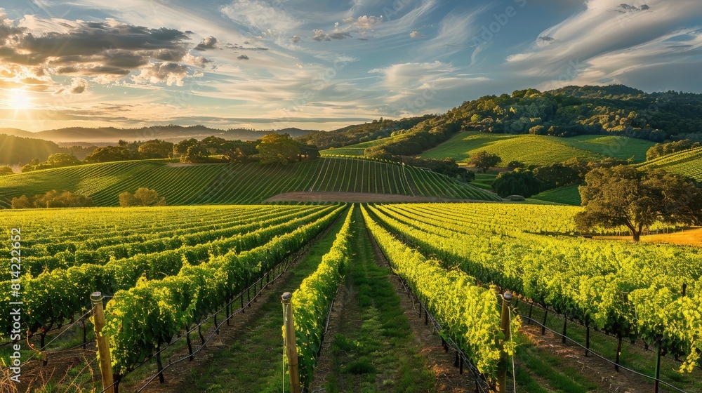 Naklejka premium Picturesque vineyard overlooking a scenic valley, great for wine country tours and vineyard wedding venues.
