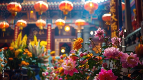 Ornate Buddhist temple decorated with vibrant flowers and lanterns, honoring sacred Buddhist holidays.