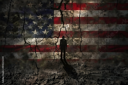 Dark Silhouette of Politician Against a Decaying American Flag 