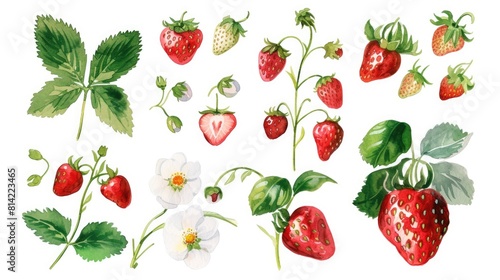 Watercolor set of different strawberry variants. berries  flowers  leaves  twigs on a white background 