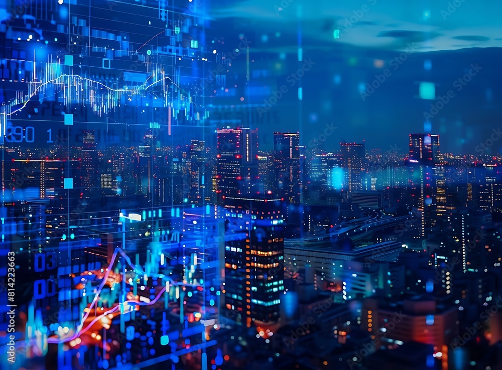 The background is a night view of modern cities, with stock market charts and graphs glowing in blue light on top of it