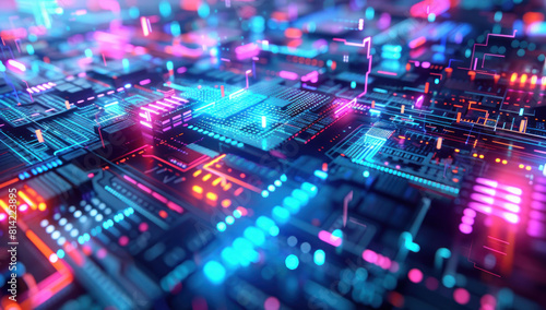 3d of abstract technology background with circuit board and colorful lights. Futuristic glowing display of ai innovation, microchip processing, and modern computer hardware.