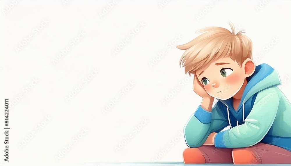 A cartoon illustration of a little boy child character sitting alone bored, sad or lonely expression. A cartoon illustration of a little boy child character sitting alone bored, sad or lonely expression.