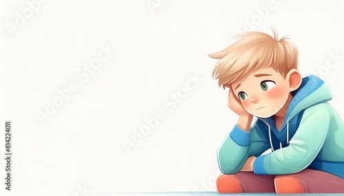 A cartoon illustration of a little boy child character sitting alone bored, sad or lonely expression. 