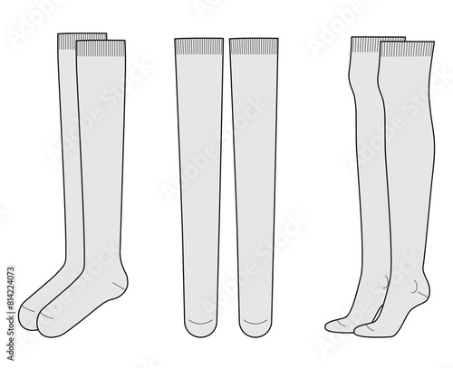 Over-the-knee Socks length set. Fashion hosiery accessory clothing technical illustration stocking. Vector front, side view for Men, women, unisex style, flat template CAD mockup on white background 