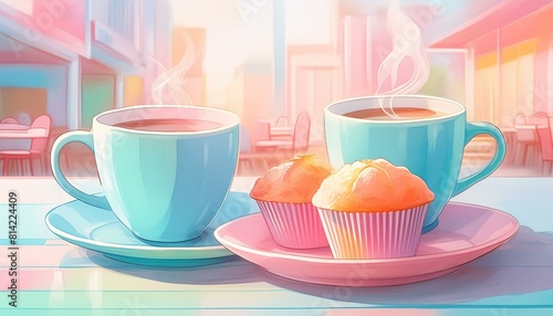 Illustration of two cups of steaming coffee and two muffins set for friends to enjoy together.