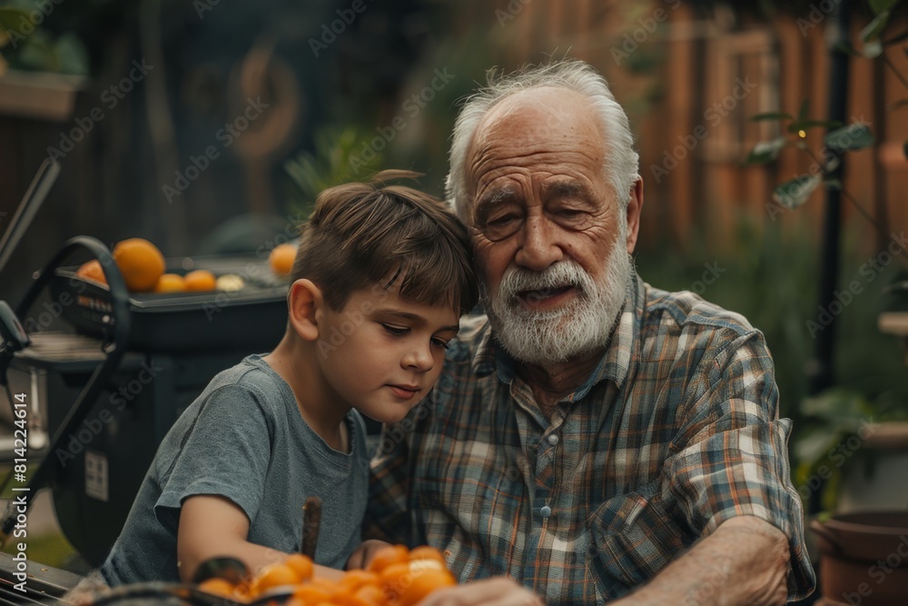 An Old Man and a Young Boy Eating Oranges