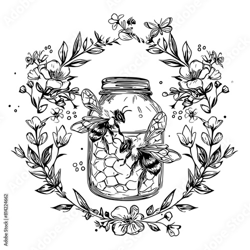 This vibrant illustration features a honey jar encircled by a floral garland, with two bees on a honeycomb, emphasizing natural and artisanal themes.