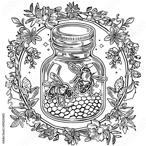 This vibrant illustration features a honey jar encircled by a floral garland, with two bees on a honeycomb, emphasizing natural and artisanal themes.