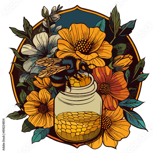 This vibrant illustration features a honey jar encircled by a floral garland, with a bee on a honeycomb, emphasizing natural and artisanal themes.