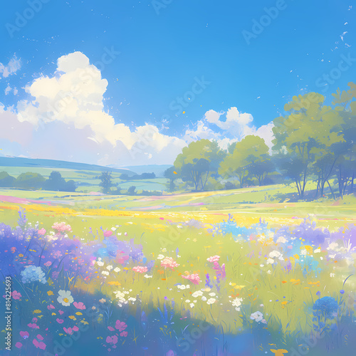 Majestic Vibrant Panorama of a Bountiful Flower Field in a Serene Pastoral Setting