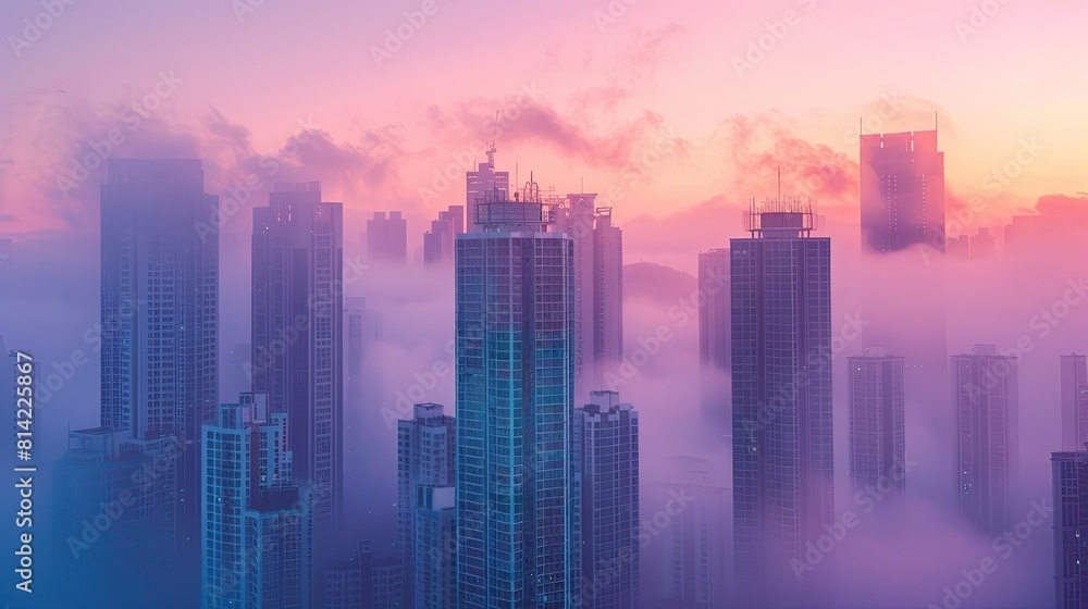 A city skyline with a hazy, purple sky. The buildings are tall and the city appears to be in the middle of a fog A city skyline with a hazy, purple sky. The buildings are tall and the city appears to be in the middle of a fog