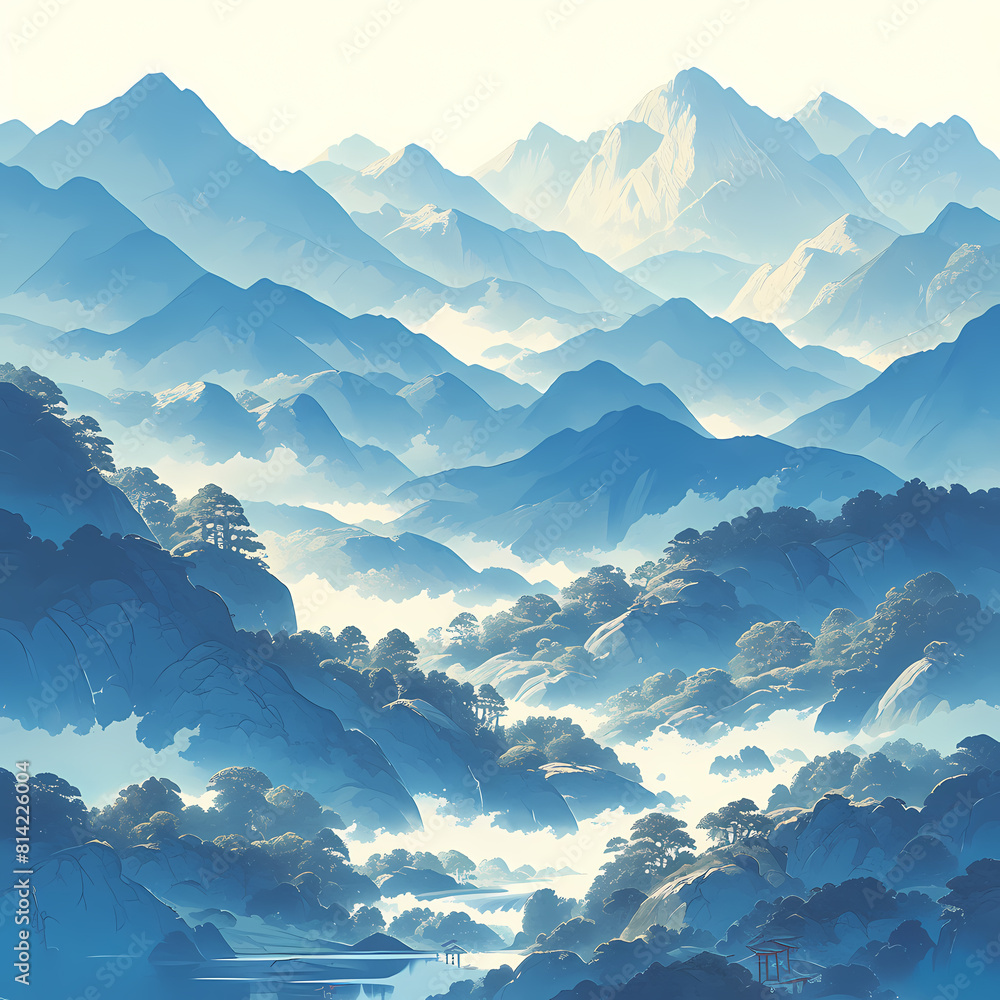 Exquisite Chinese-Inspired Landscape Painting: Majestic Mountains and Serene Waters
