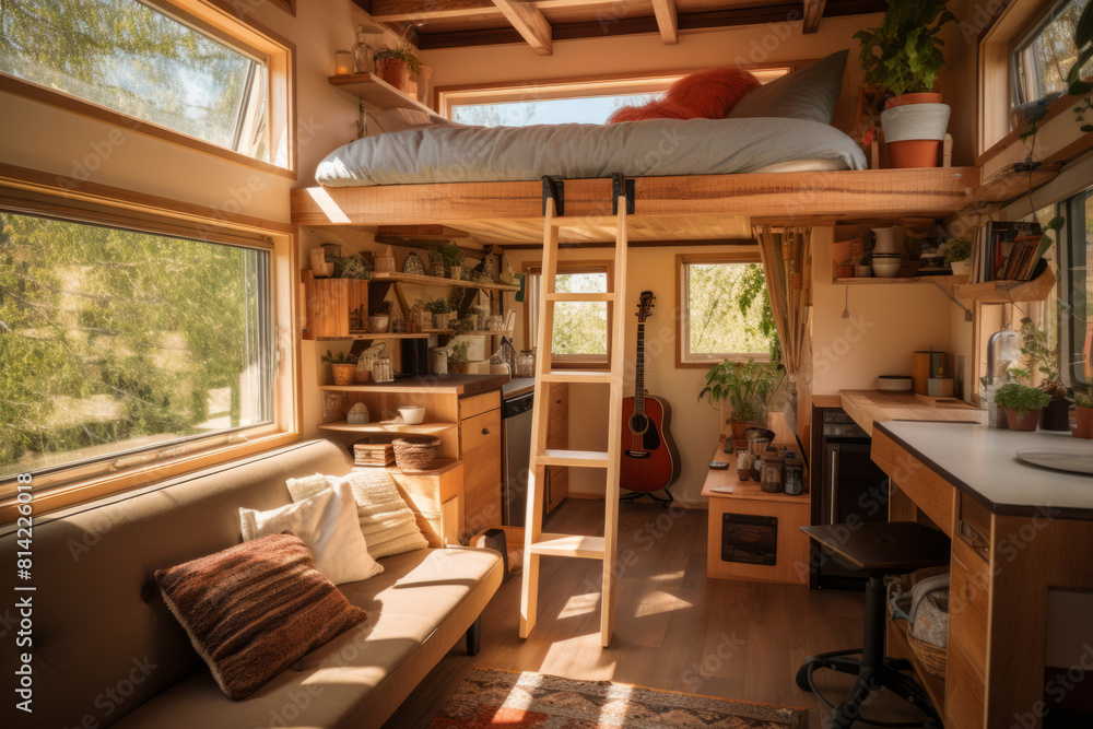 Cozy tiny house interior with loft bed and modern amenities with a loft bed, compact kitchen, and living space Cozy tiny house interior with loft bed and modern amenities with a loft bed, compact kitchen, and living space