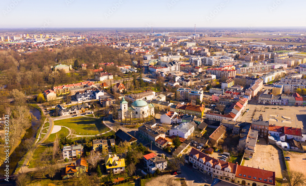 View from drone of Skierniewice cityscape on sunny spring day, Lodz Province, Poland