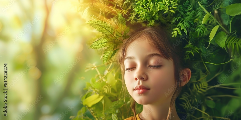 Portrait of a cute little girl in a wreath of ferns. Concept of eco-friendly lifestyle with girl Portrait of a cute little girl in a wreath of ferns. Concept of eco-friendly lifestyle with girl